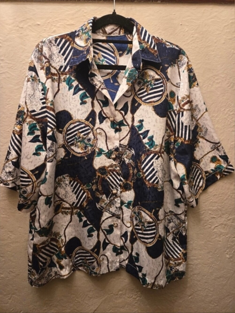 Vintage Baroque Chain Print Blouse Nautical Scarf Print Button Up Shirt